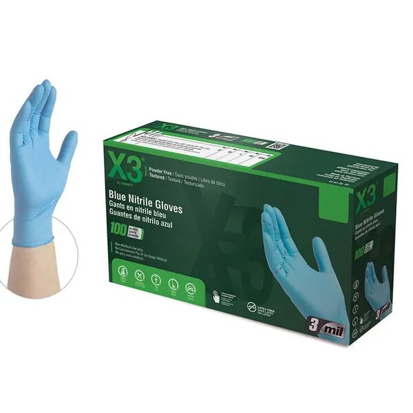 Ammex X3, Disposable Gloves, 3 mil Palm, Nitrile, Powder-Free, L, 100 PK, Blue X346100 - main
